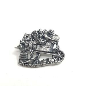 Vintage Wheelbarrow Of Flowers and Garden Supplies Brooch, Lapel Pin, Roses